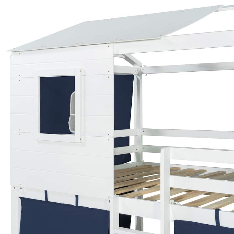 Full Size Bunk Bed with Playhouse Tent, Solid Pine Wood Frame and Window Design