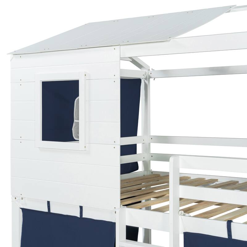 Playhouse Bed Floor Bunk Bed Kids Loft Bed with Tent