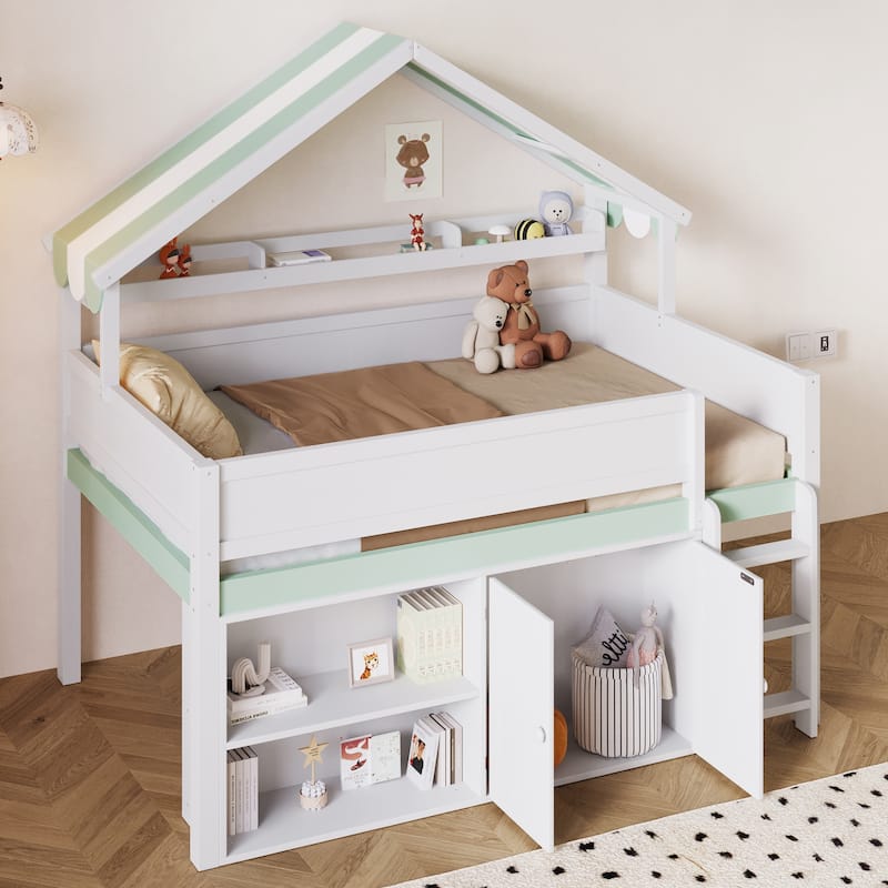 GDFStudio - Solid Wood Full Size Loft Bed with Canopy & Storage Cabinet