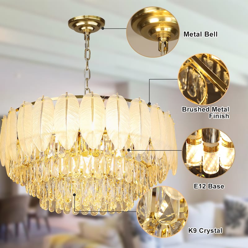 Modern Luxury Crystal Chandeliers, Adjustable Round Feather Crystal Pendant Light for Living Room, Bulbs Included