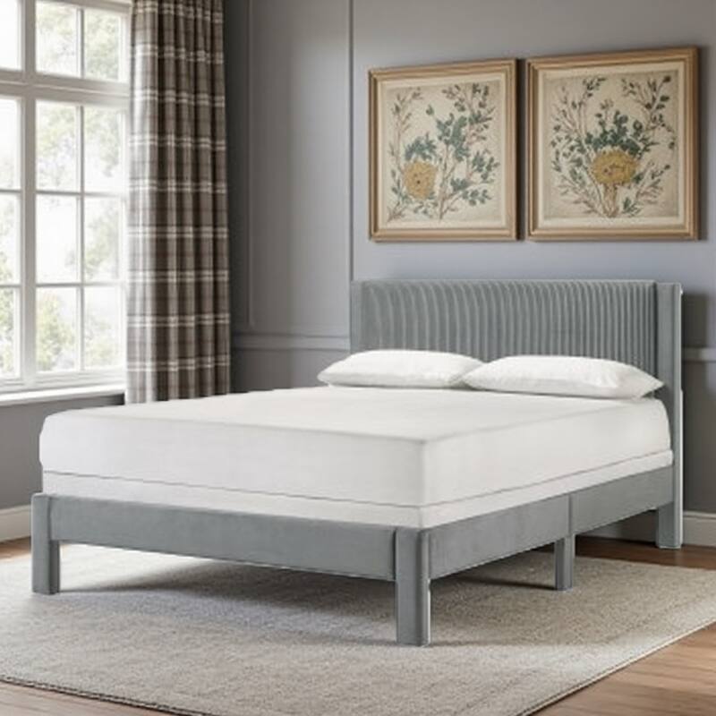 Twin Size Upholstered Platform Bed with Ribbed Plush Headboard, Low-Profile Frame for Youth Bedrooms - Full Light Gray - Full