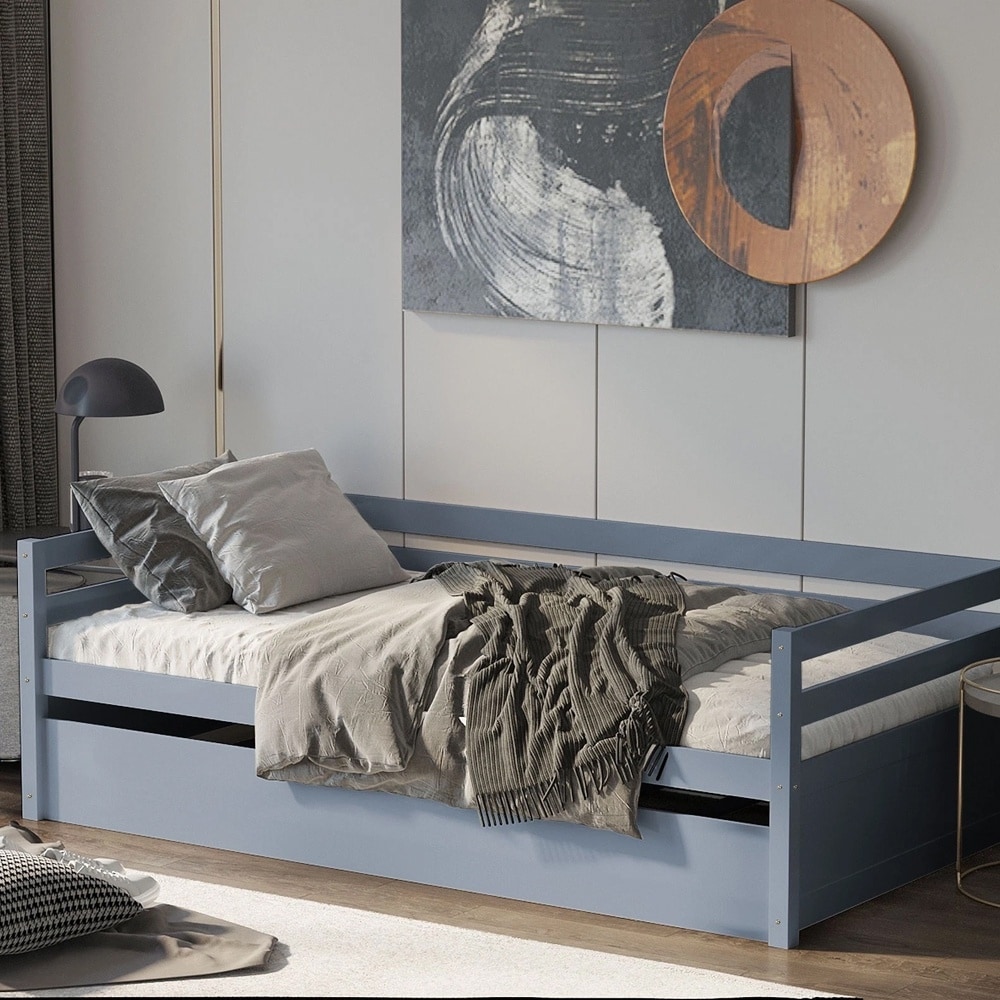Twin Trundle Daybed Wooden Slat Support Mattress Platform Kids Grey