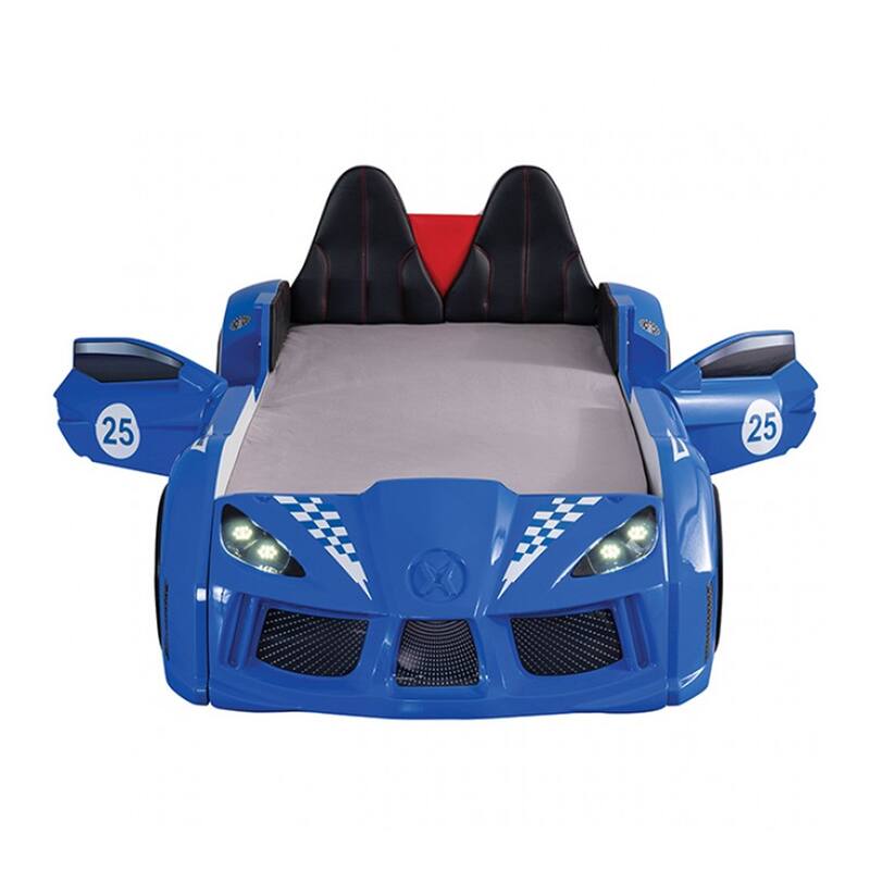 Ticy Twin Size Car Bed w Remote Control LED, Faux Leather Upholstery, Blue