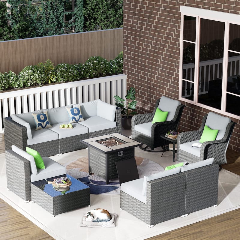 OVIOS 11-Piece Low-profile Swivel Chair Fire Table Outdoor Patio Furniture Set - Light Gray