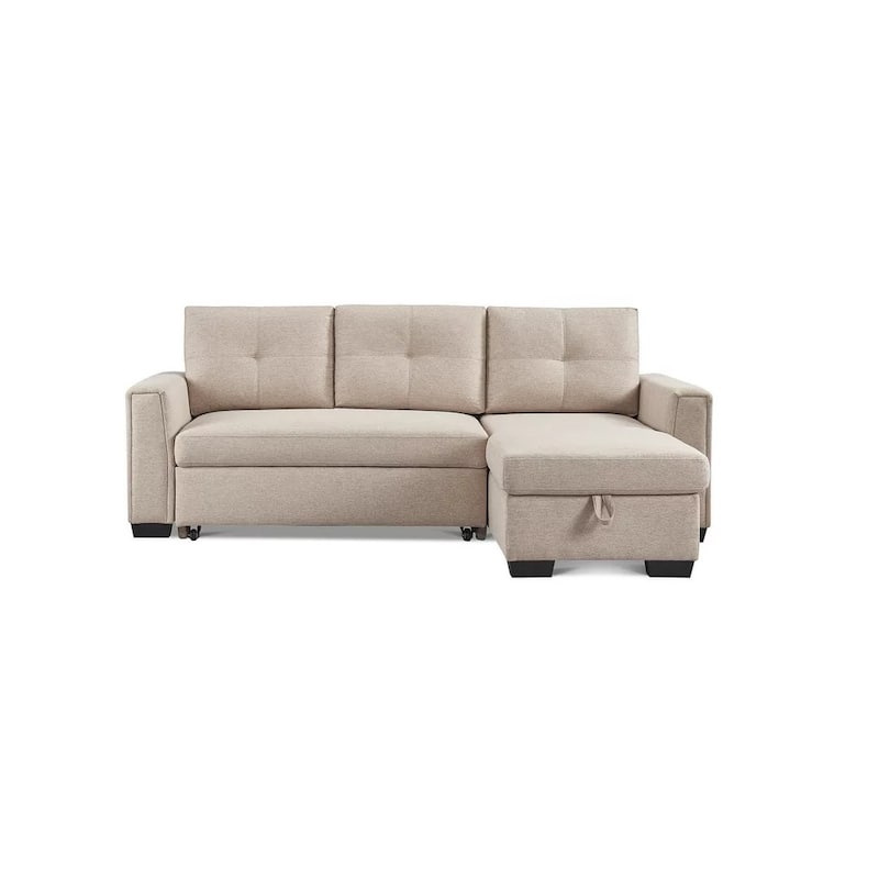 HomeRoots 92" Beige Polyester Blend Convertible Futon Sleeper Sofa With Black Legs - 85