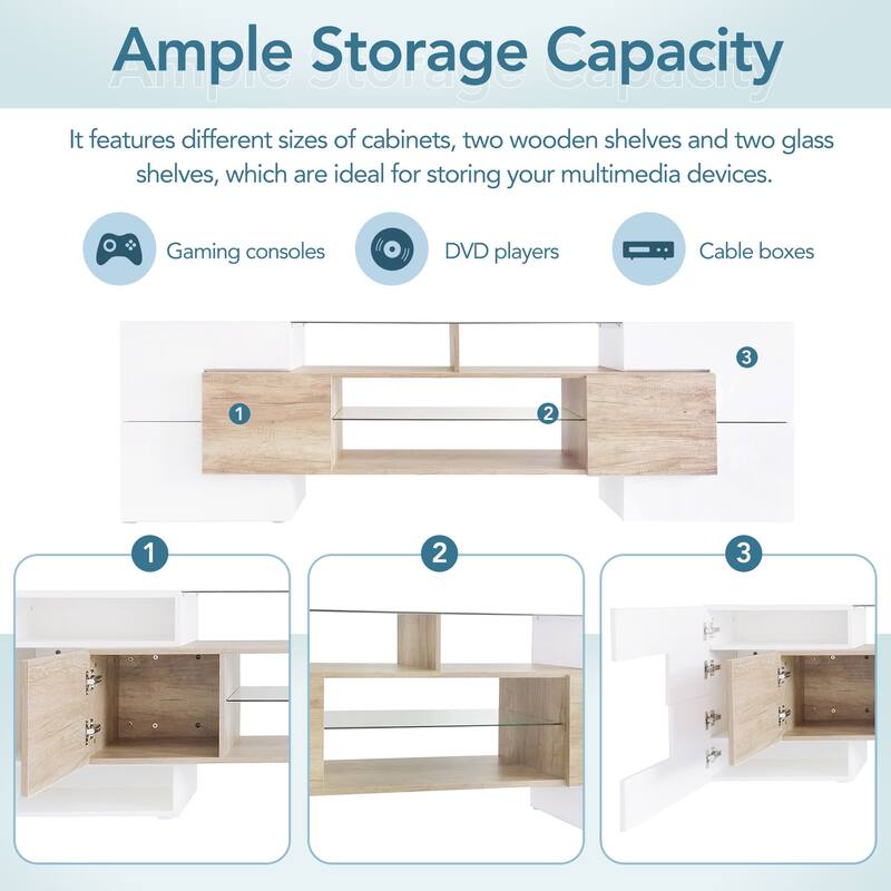 Unique Shape TV Stand with 2 Illuminated Glass Shelves