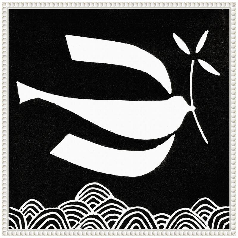 Kate and Laurel Sylvie Volare 2 Black and White Bird Linocut Framed Canvas by Giuliana Lazzerini