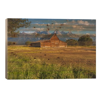 Grand Teton Barn Print On Wood by Sergio Lanza - Multi-Color