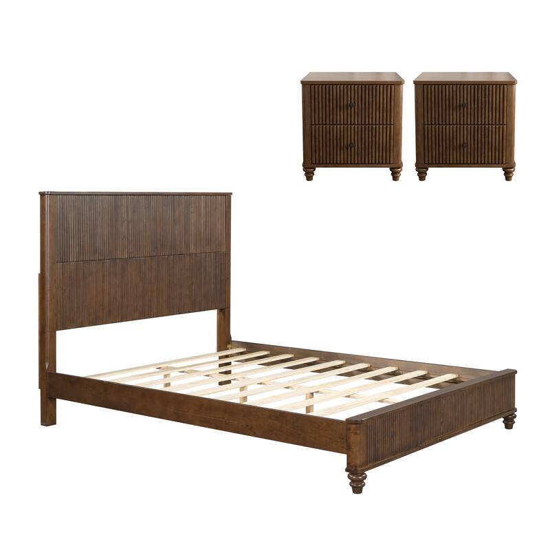 Bedroom Set with Wooden Platform Bed and Nightstands