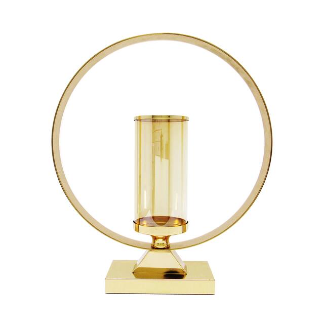 Gold Round Circle Ring Hurricane Candle Holder Centerpiece - 18" H x 16" W x 4" DP - Gold
