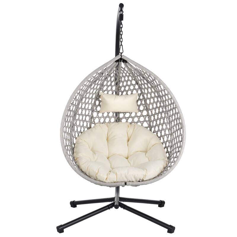 Hollowed-Out Hanging Chair with Adjustable Headrest, Weather-Resistant Rattan Swing Chair with Iron Base