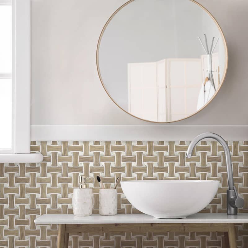 Merola Tile Llama Dog Bone Basketweave Noce/Calacatta Dot 10" x 10" Porcelain Floor and Wall Tile