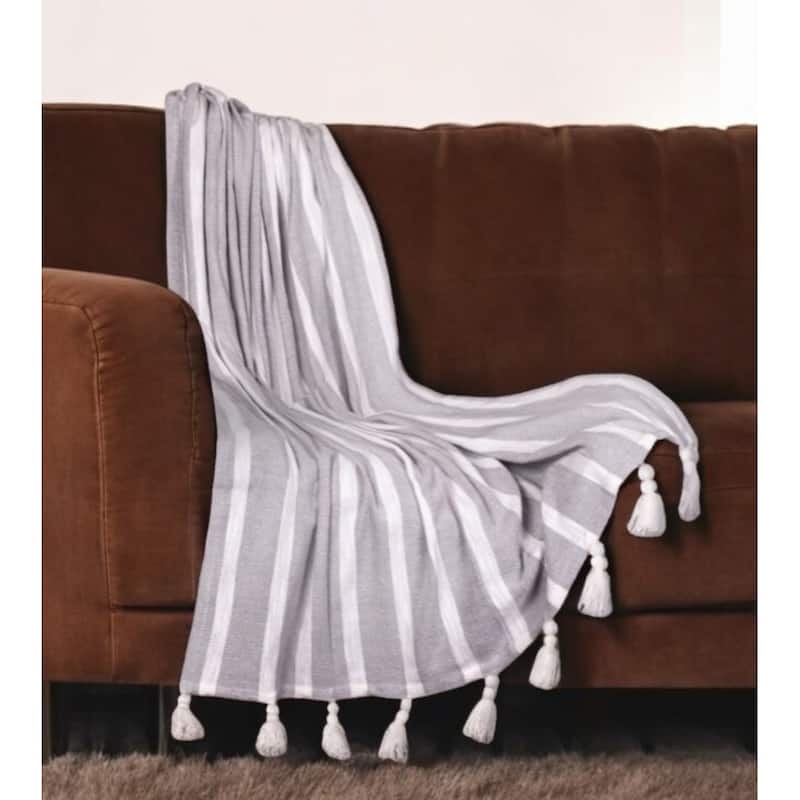 HomeRoots 50" X 60" Gray and White Woven Cotton Striped Throw Blanket with Tassels - Throw - Light Gray and Ivory