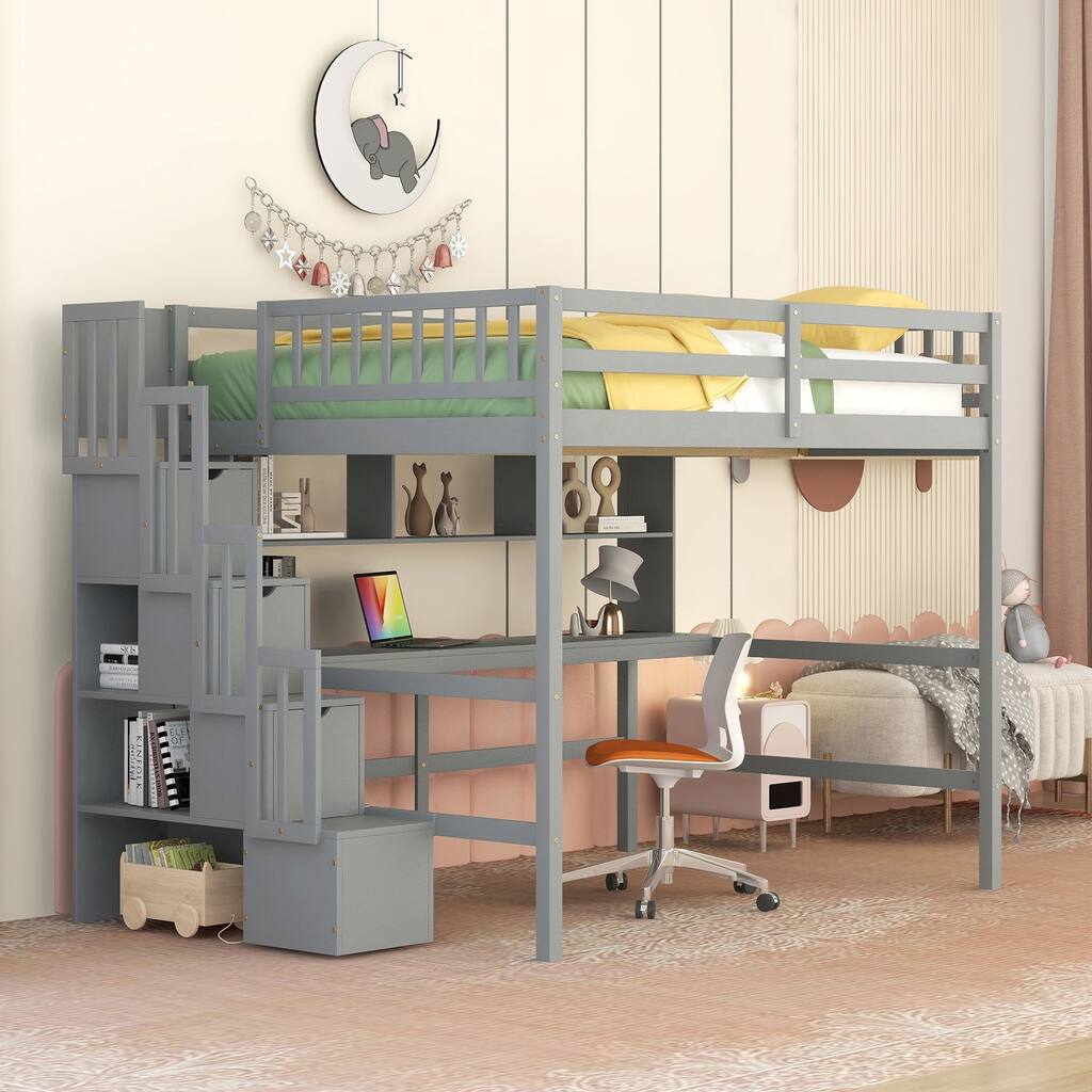 Full Size Loft Bed with Desk, Storage Shelves and Staircase