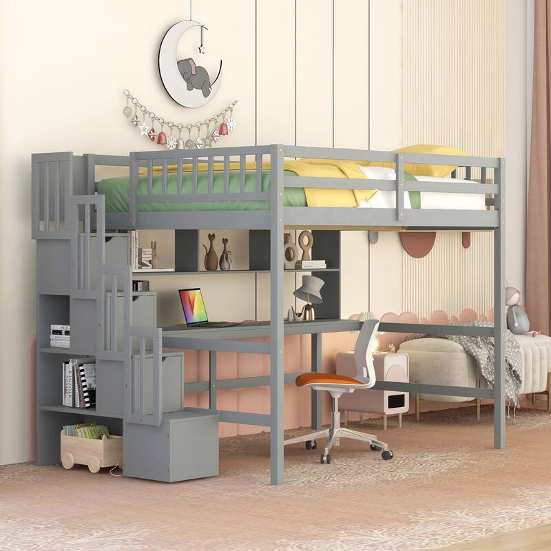 Full Size Loft Bed with Desk, Storage shelves and Staircase, Grey - Grey