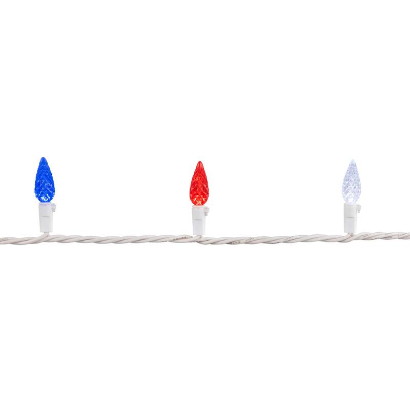 Patriotic LED C6 Faceted Christmas Lights - Red, White and Blue - 16.5' White Wire - 50ct