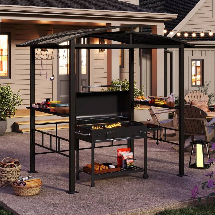 Black Polycarbonate Metal Grill Gazebo with Shelves and Hooks - 96 x 60 x 91.2 in.