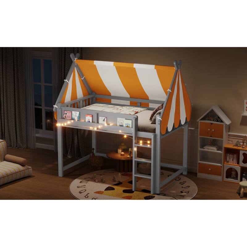 Roomfitters Twin/Full Size Loft Bed with Canopy, LED Lights and Book Shelf