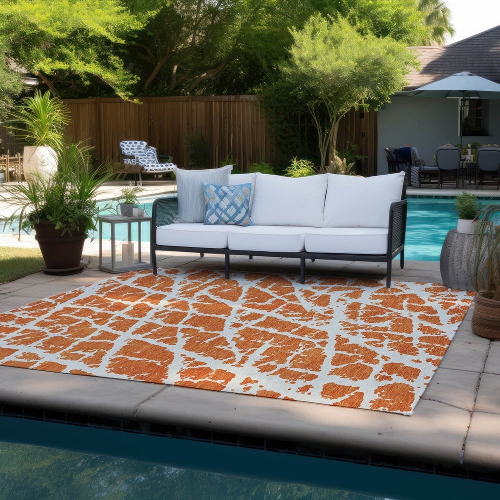 Machine Washable Indoor/ Outdoor Transitional Orange Crackle Chantille Rug
