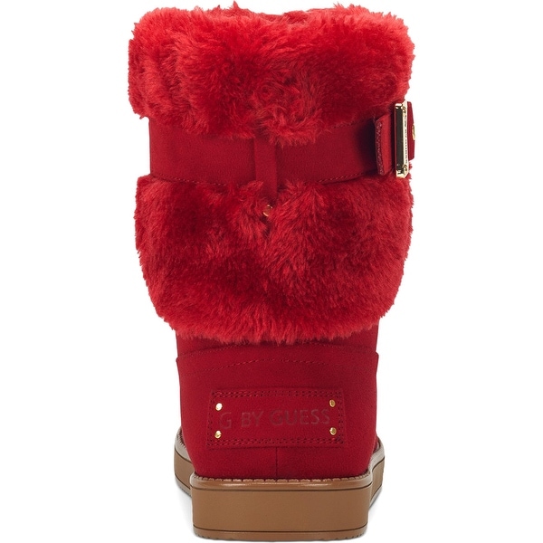 red faux fur boots