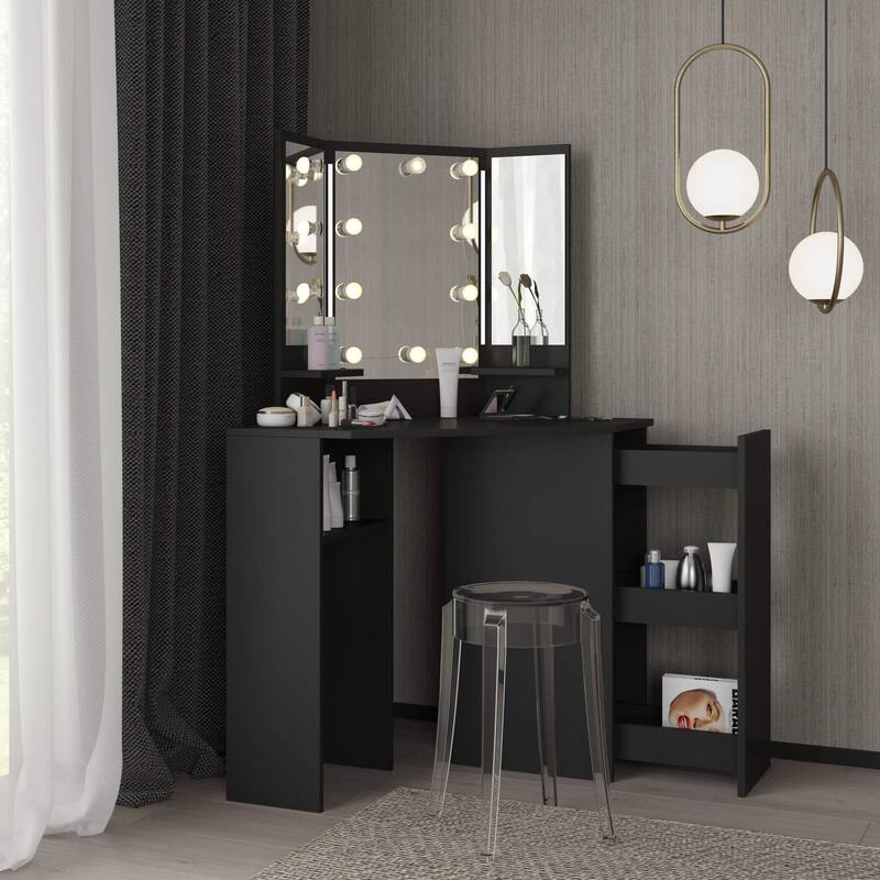 Black Pearl Corner Makeup Vanity with Storage and LED lights Bed Bath