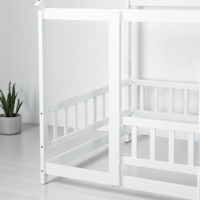 Twin / Full Size Wooden House Bed with Fence and Roof bed Frame, Montessori Style Floor Bed for Kids