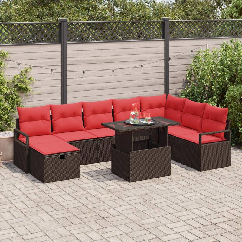 vidaXL 9 Garden Sofa Set with Cushions Black/Brown/Grey Poly Rattan - 113 x 69.7 x 27.2 - Brown