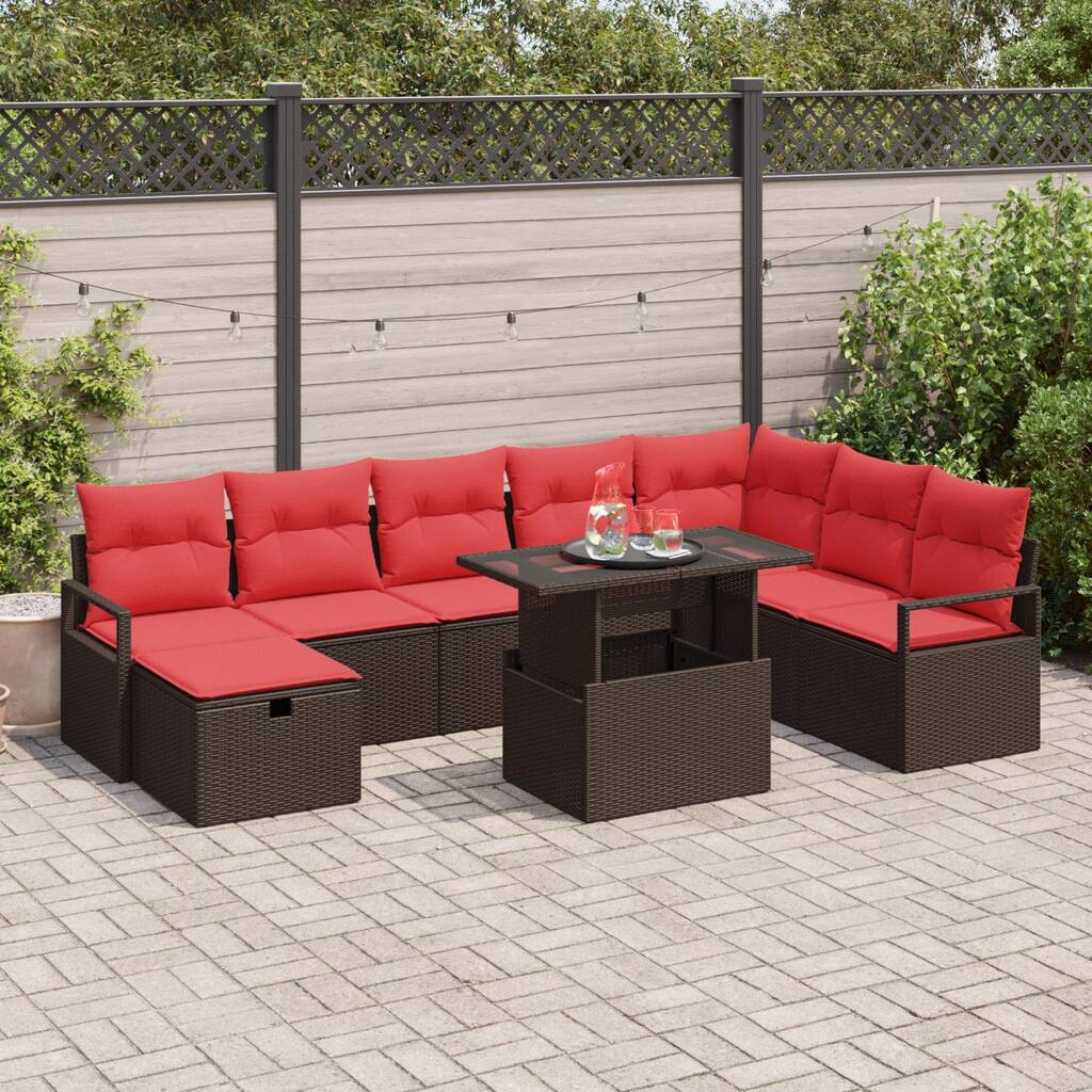 vidaXL 9 Garden Sofa Set with Cushions Black/Brown/Grey Poly Rattan - 113 x 69.7 x 27.2