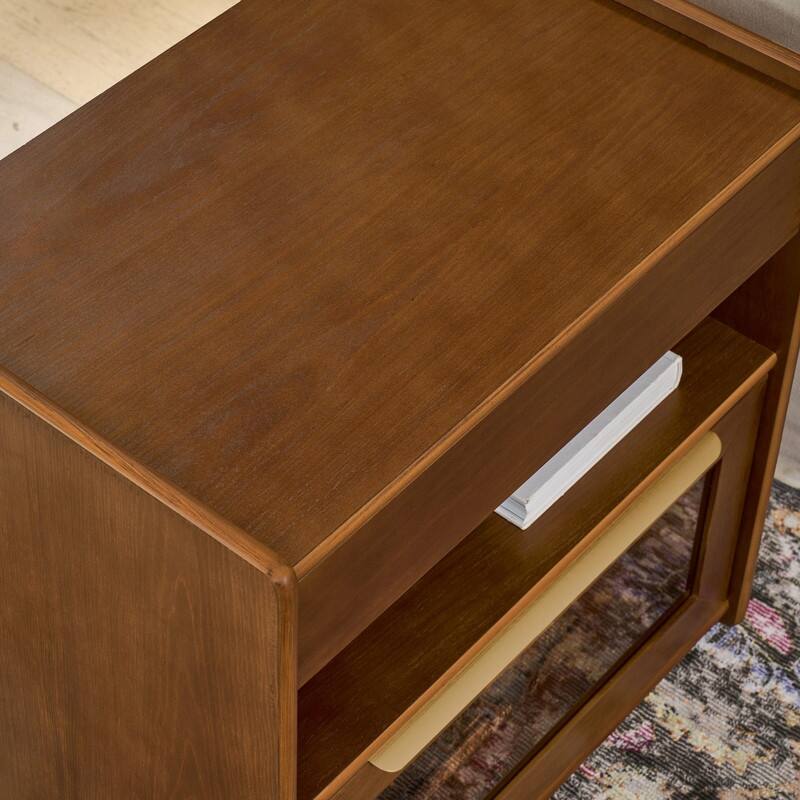 Mid Century Modern 2-Drawer Nightstand with Charging Station and Open Shelf for Bedroom Storage and Convenience