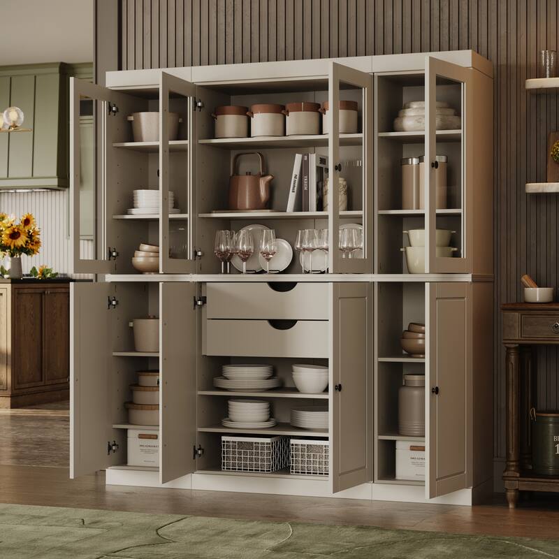100% Solid Wood Tall Kitchen Pantry Cabinet with Glass Doors & 2 Drawers, Adjustable Shelves, Modular Storage, 65" W x 71.5" H - Off White