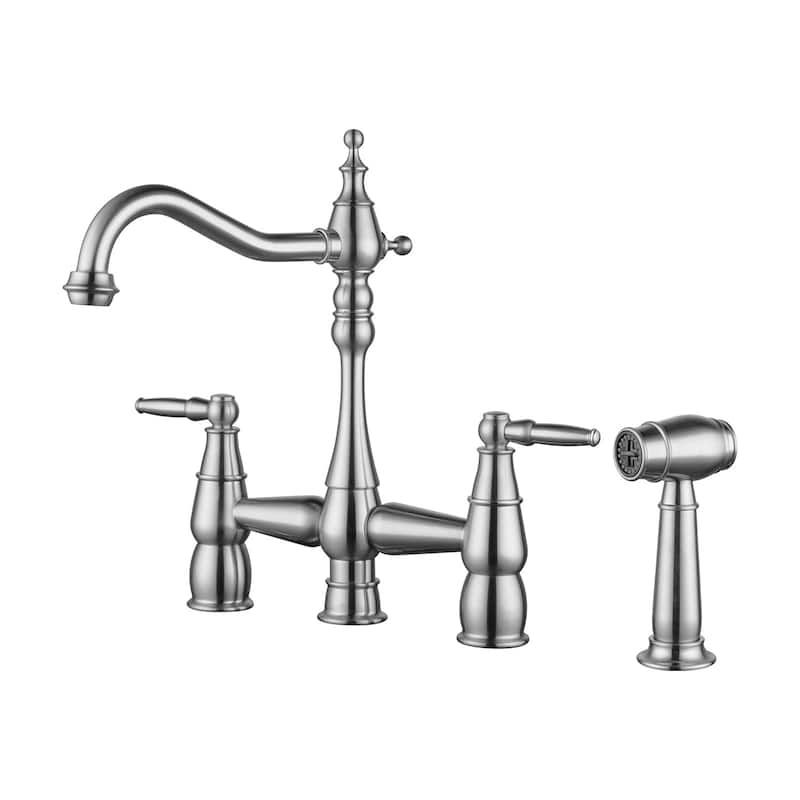 WOWOW 4 Hole Double Handle Bridge Kitchen Faucet with Side Sprayer - Brushed Nickel
