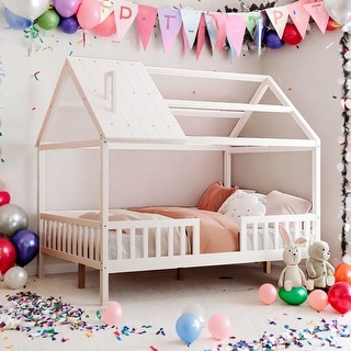 Full Size Wood House Bed With Fence,Solid Construction