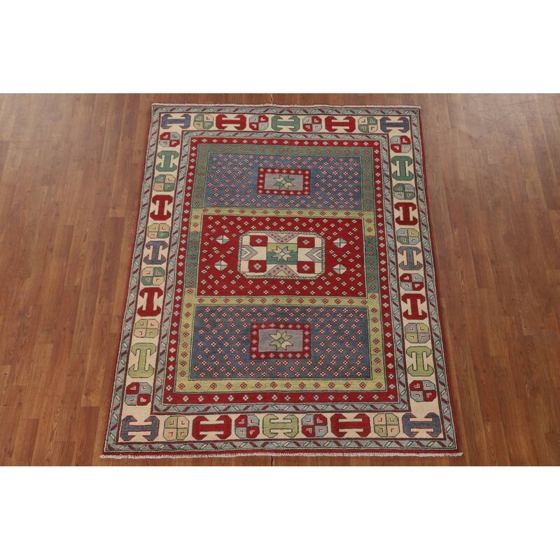Geometric Kazak Area Rug Hand-Knotted Wool Carpet - 5'0" x 6'5"