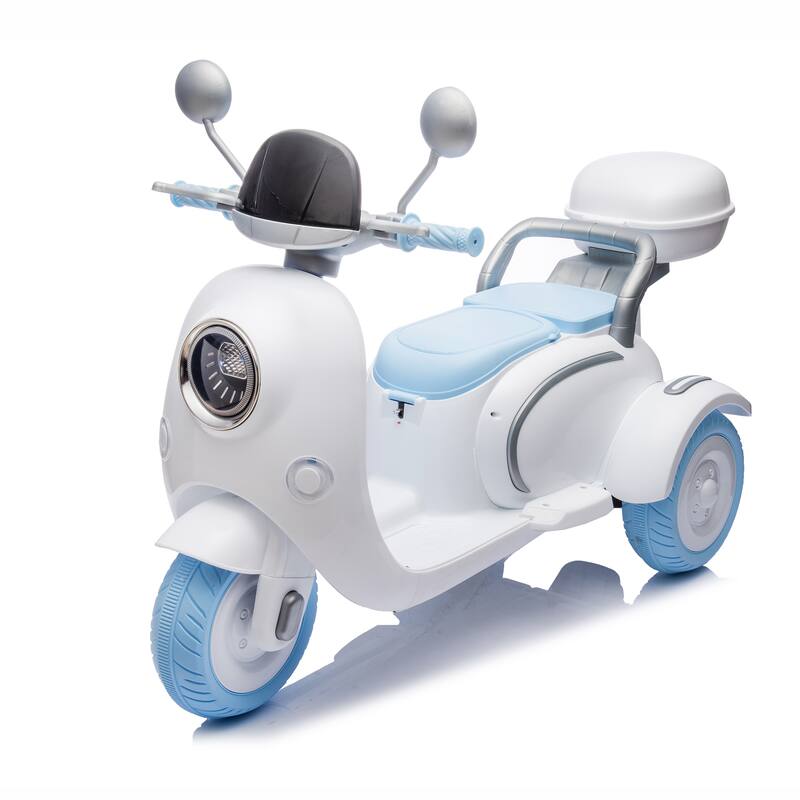 12V Ride-On Two-Seater Motorcycle for Kids, Three-Wheel Design, USB, Bluetooth, Adult Seat Flip, and Storage for Ages 3-6.