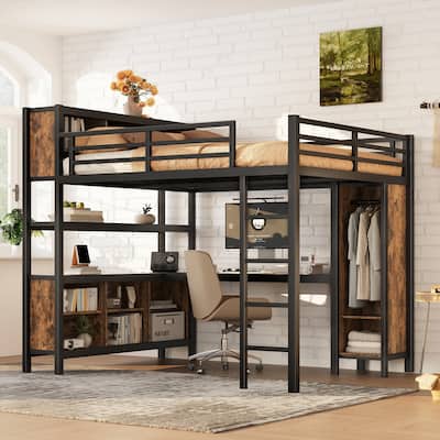 Metal Loft Bed with Wardrobe And L-shaped Desk, Queen Size Loft Bed with Storage Cubes and Shelves, Heavy Duty Loft Bed
