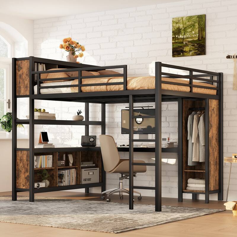 Queen Size Loft Bed with L-Shaped Desk - Industrial Metal Loft Bed Featuring Wardrobe & Storage Cubes for Small Spaces