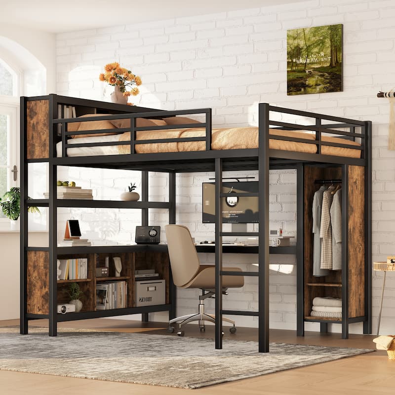 Queen Size Metal Loft Bed with Wardrobe, L-shaped Desk, and Storage Shelves - Wood