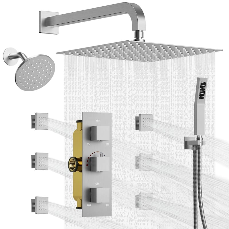 Dual Heads 12"Rainfall and High Pressure 6"Shower Faucet Dual Cascade System 3 Way Thermostatic Valve with 6 Body jets