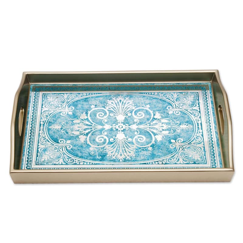 Novica Handmade Floral Marvel In Silver Reverse Painted Glass Tray