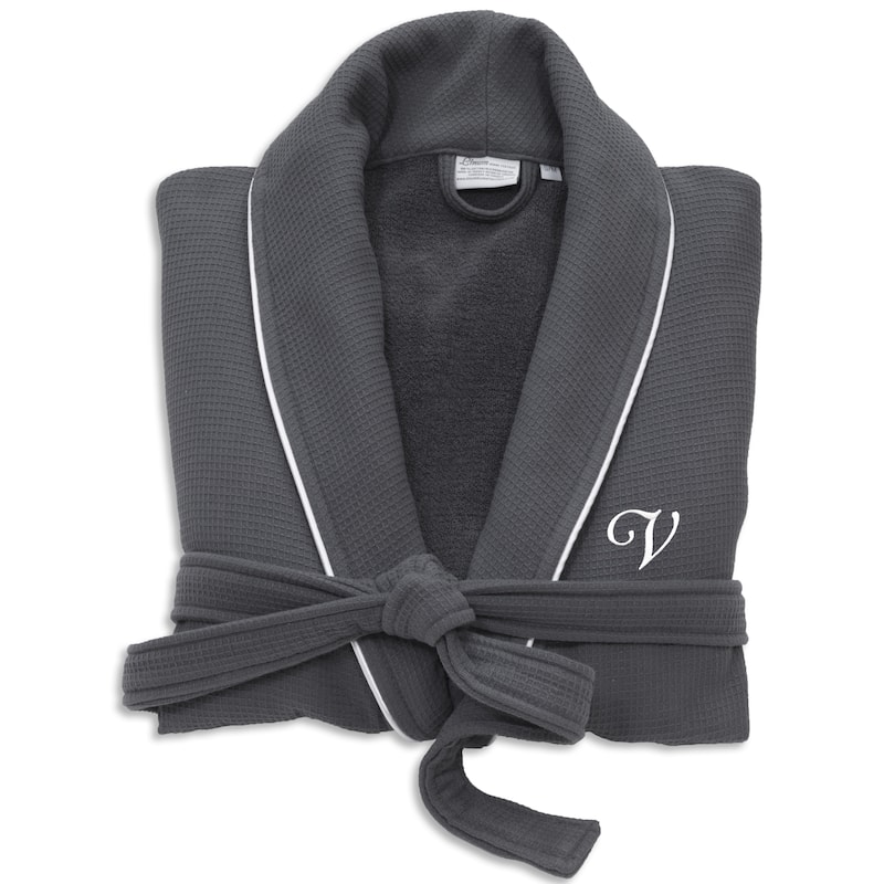 Authentic Hotel and Spa Dark Grey Unisex Turkish Cotton Waffle Weave Terry Bath Robe with White Script Monogram - Small/Medium - V