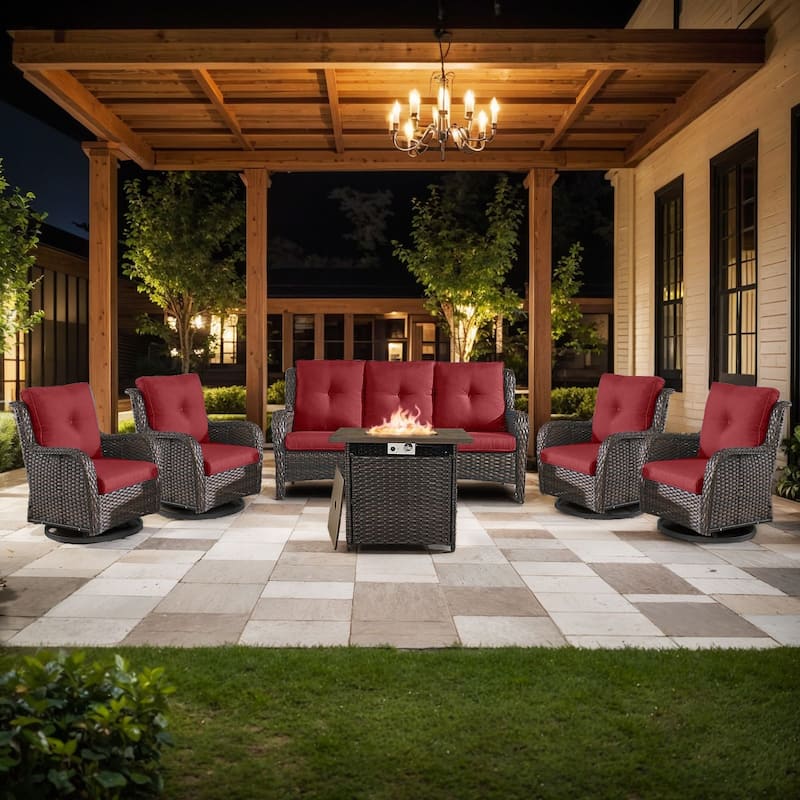 Pocassy 6 Pieces Fire Pit Table with Sofa Swivel Chairs Set - Brown Wicker Red Cushion - 6 Pieces Sofa Swivel Chairs with Fire Table