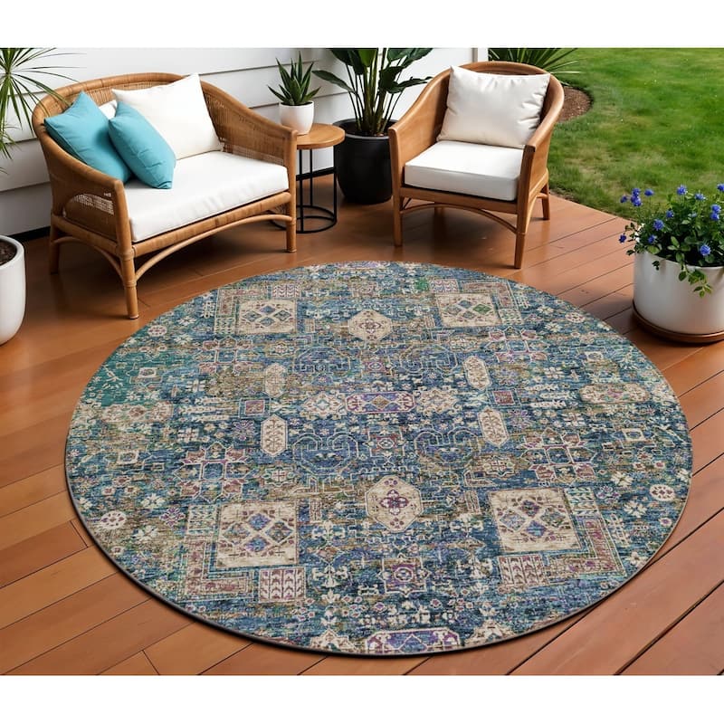 HomeRoots Oriental Transitional Rectangle Outdoor Rug - 8' Round