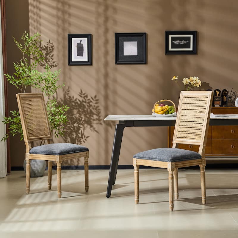 [Set of 2] French Country Dining Chairs - Elegant Cane Backrest & Upholstered Seats with Fluted Legs- Solid Rubberwood Frame