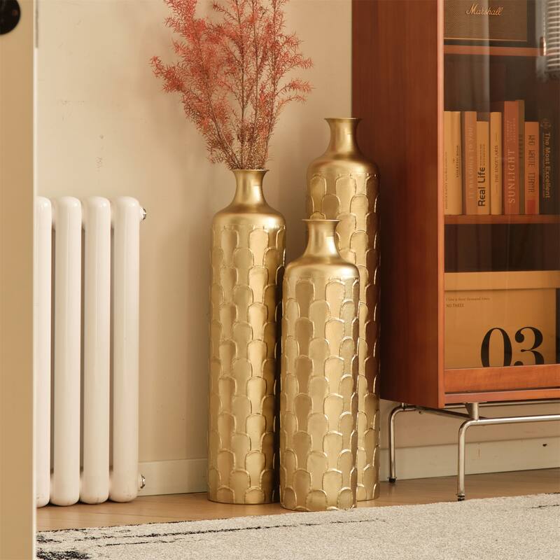 Decorated Floor Glazed Metal Vases (Set of 3)