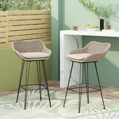 Kevin Outdoor Wicker and Iron Barstool (Set of 2) by Christopher Knight Home