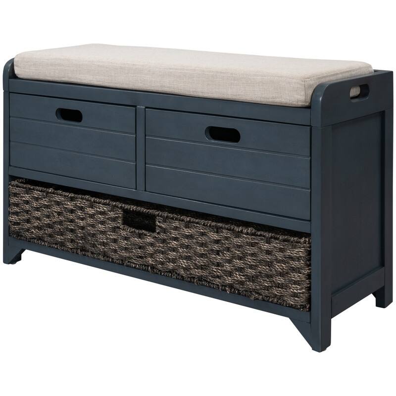 Grondin Retro Framhouse Style Entry Storage Shoe Bench with Padded Cushion, 2 Drawers and Removable Basket