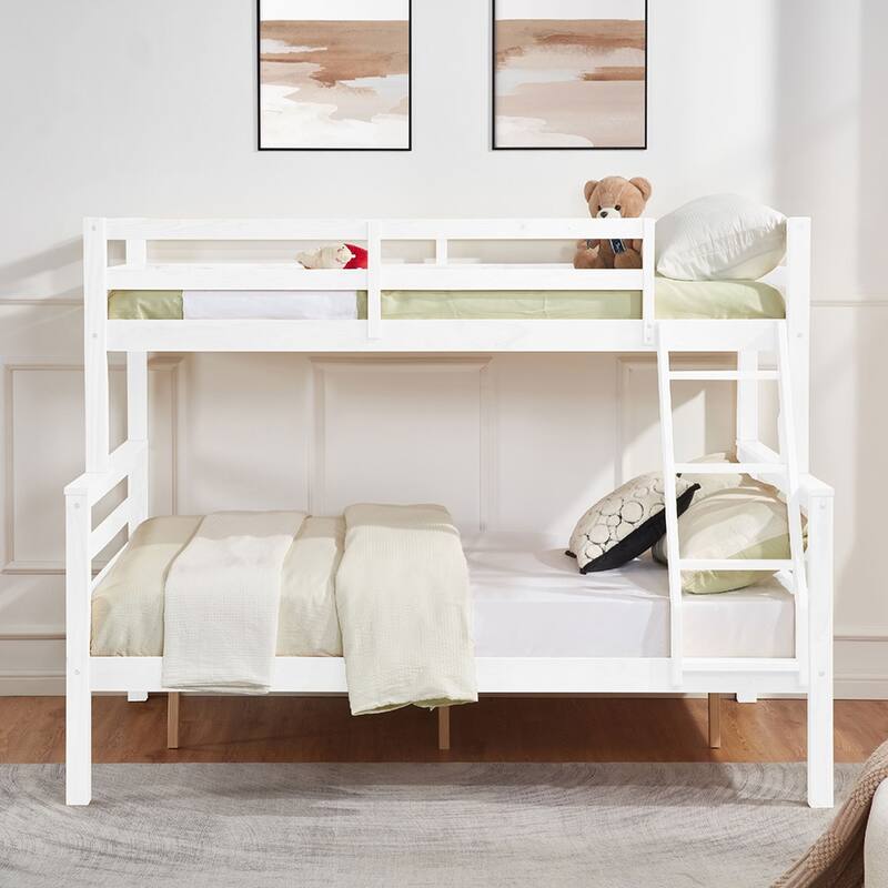Twin over Full Wooden Bunk Bed,High Guardrail,Ladder,No Box Spring
