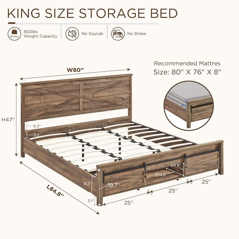 Farmhouse King Size Wood Bed Frame with Sliding Barn Door Storage