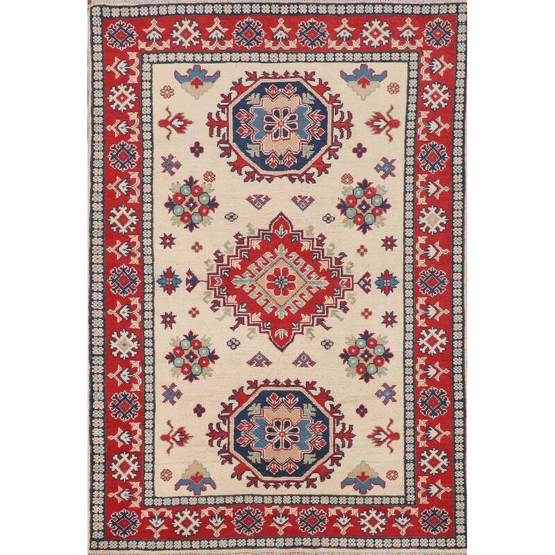 Geometric Ivory Kazak Accent Rug Hand-Knotted Wool Carpet - 3'11" x 5'11"