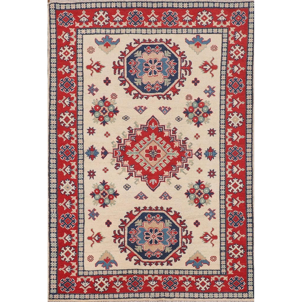 Geometric Ivory Kazak Accent Rug Hand-Knotted Wool Carpet - 3'11" x 5'11"